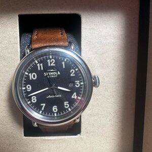 Shinola Runwell Automatic 45mm Black Dial w/ British tan leather strap